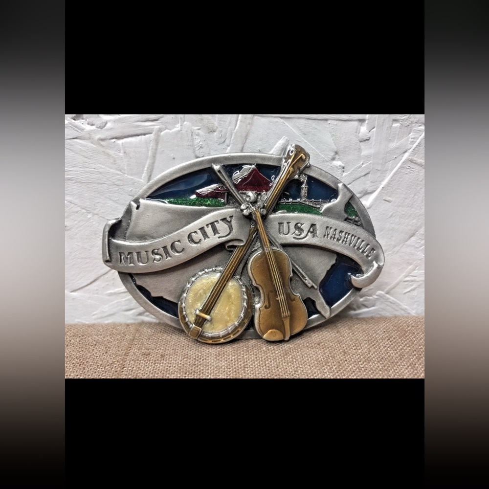 Vintage 1984 Music City USA Nashville Silver Tone Belt Buckle Siskiyou Buckle Co